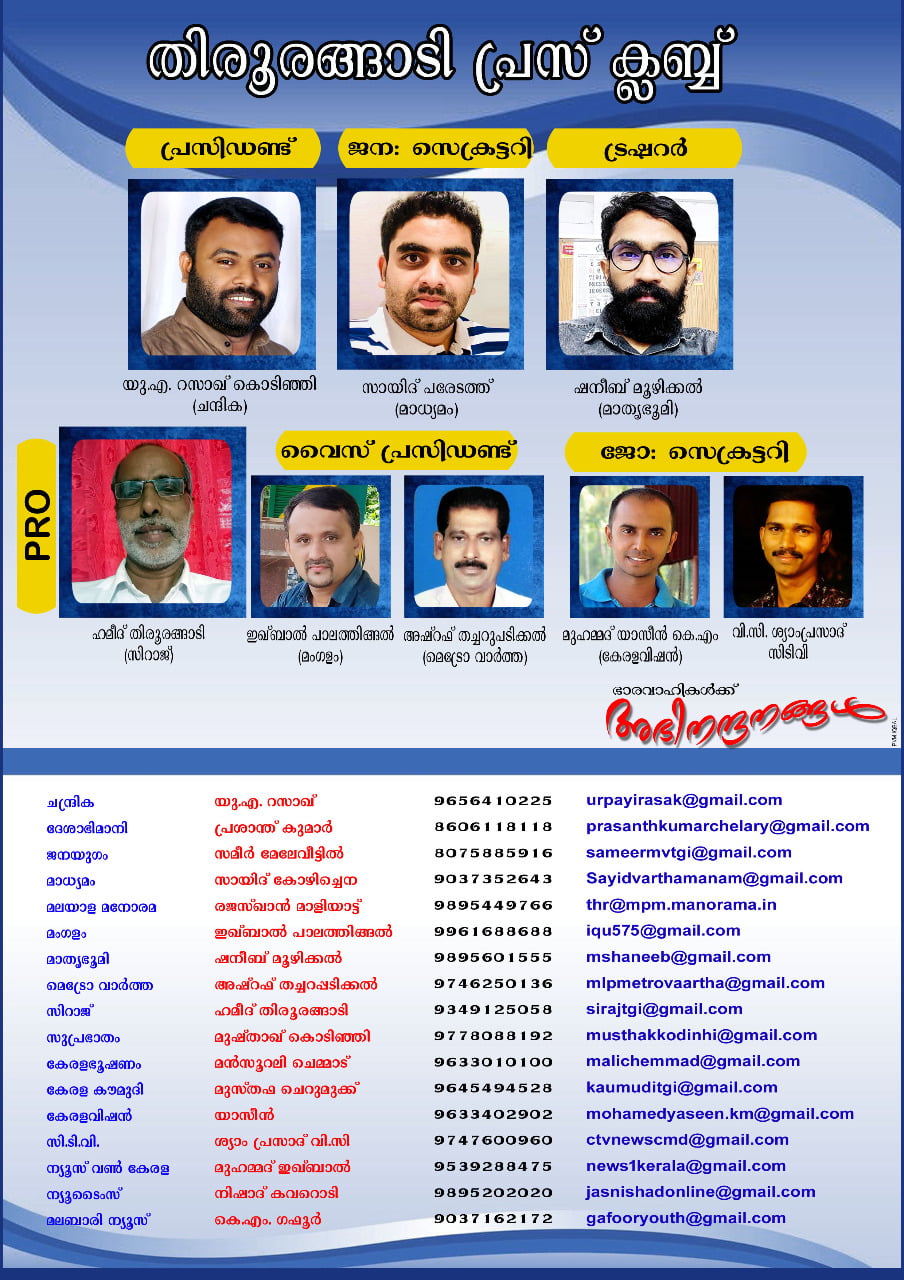 തിരൂരങ്ങാടി പ്രസ് ക്ലബിന്റെ പുതിയ ഭാരവാഹികളെ തിരഞ്ഞെടുത്തു